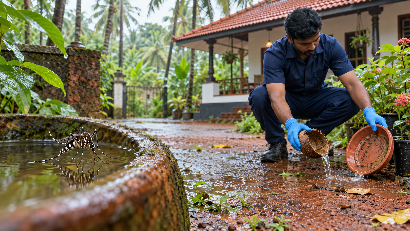 Mosquito control in Kochi - technician checking breeding water in a Kerala compound