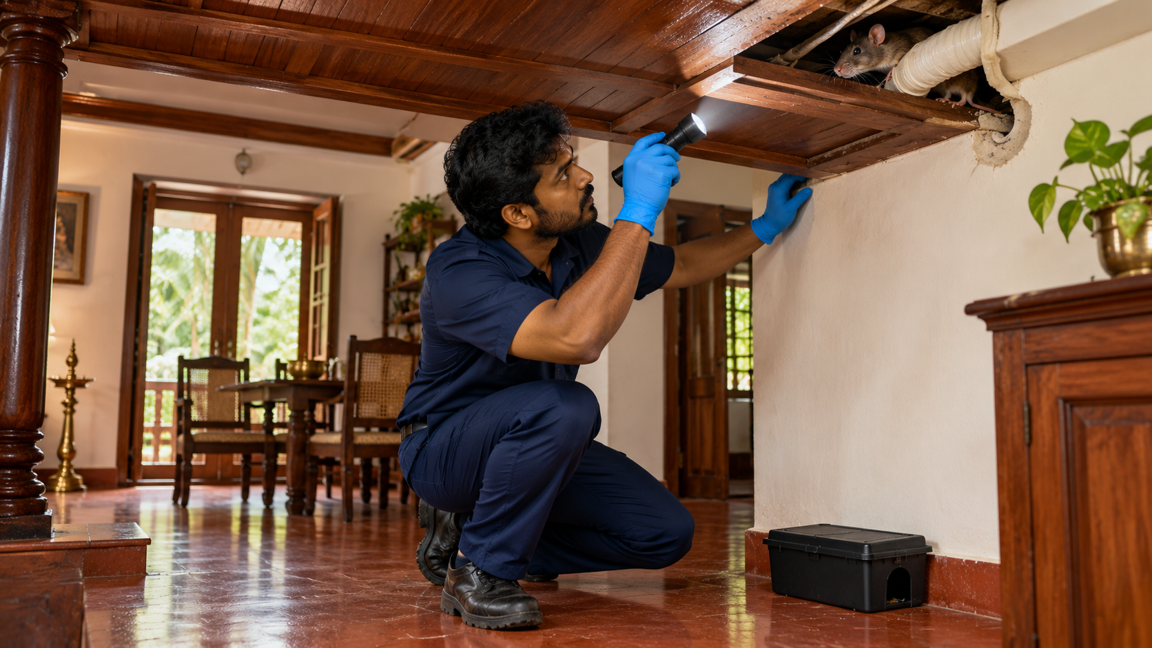 Rodent control in Ernakulam - technician inspecting a false ceiling for rats